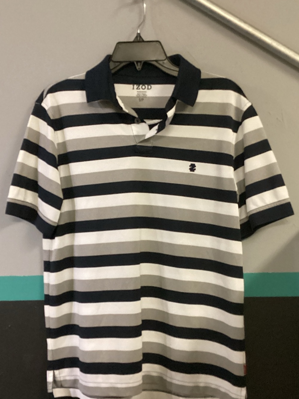 Izod Navy, White and Gray Striped Polo